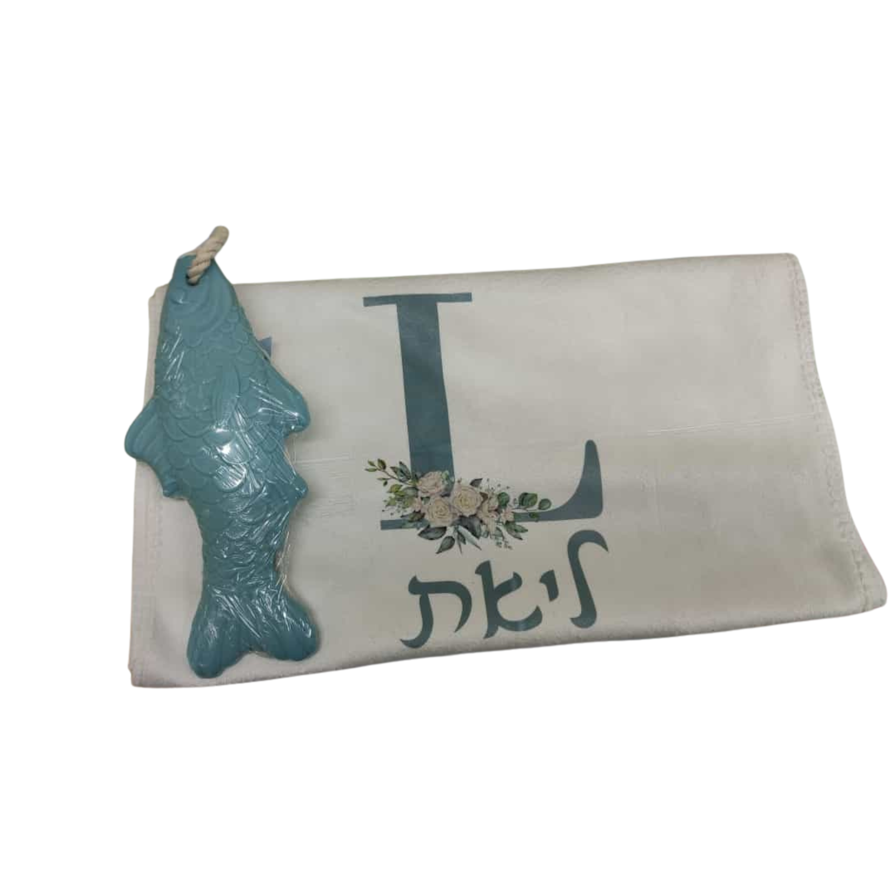 ארנק בד קרם עם האות J וציור דג תורכיז וורדים
