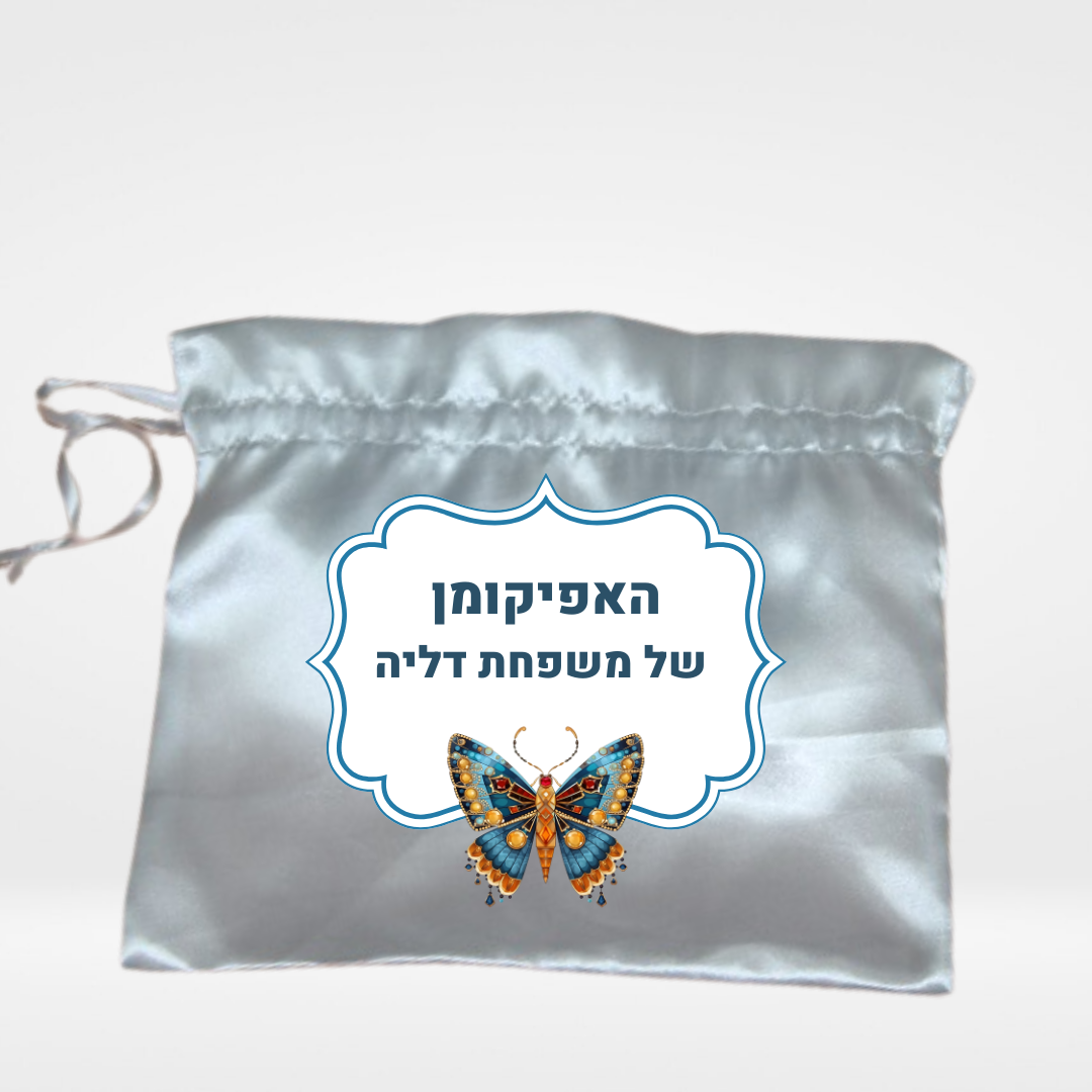 שקית אפיקומן סאטן כסופה למשפחת דליה עם עיטור פרפר צבעוני