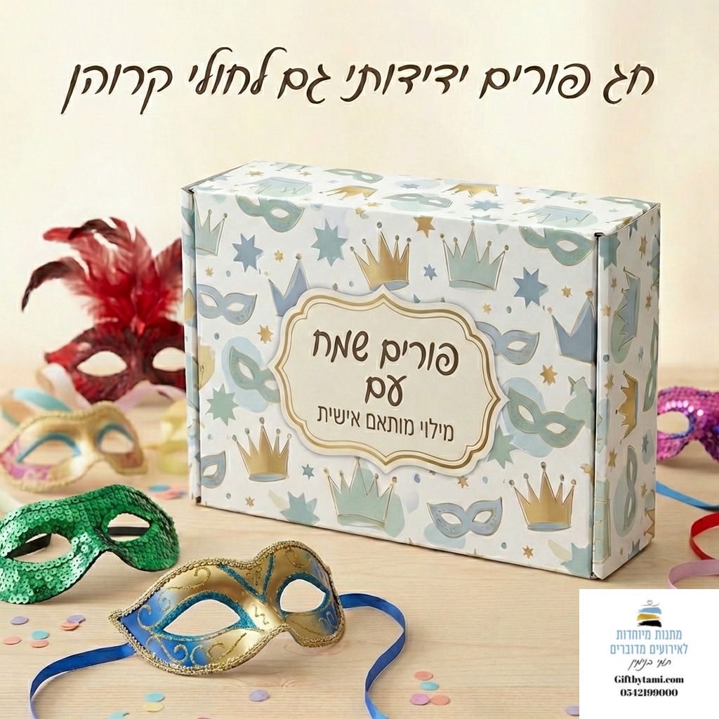 קופסת מתנה פורים עם מסכות וכתר בעיצוב מלכותי