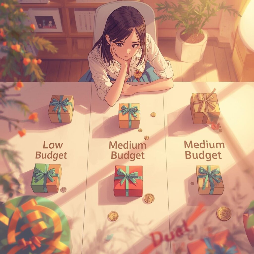 אישה בוחרת מתנה משולוש קטגוריות תקציב: נמוך, בינוני וגבוה