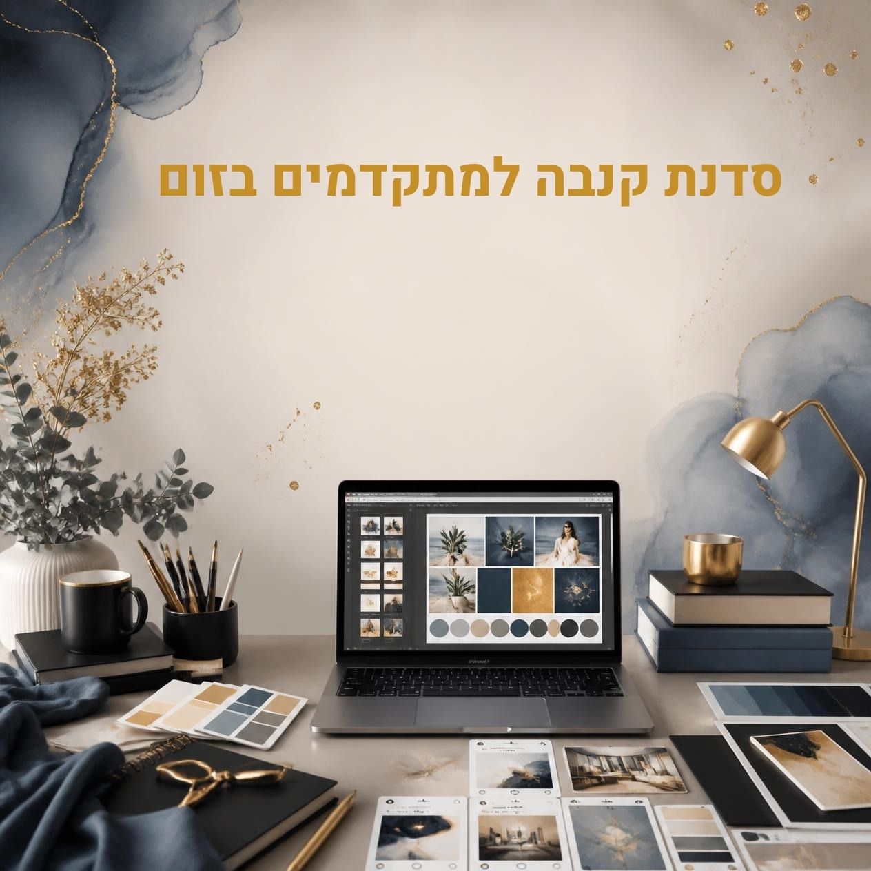סדנת קנבה למתחילים בזום - שולחן עבודה עם לפטופ וחומרי עיצוב