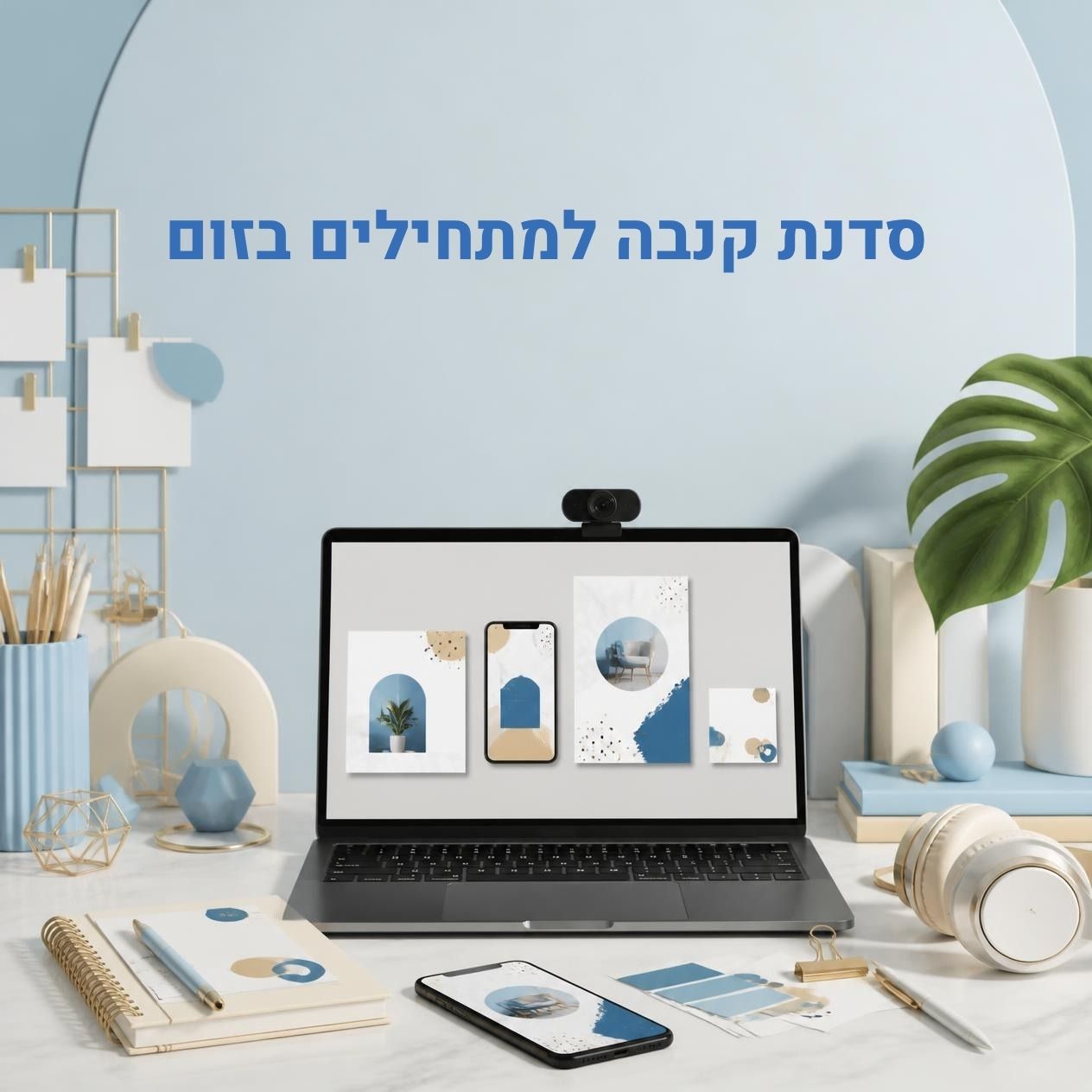 סדנת קנבה למתחילים בזום - שולחן עבודה עם מחשב נייד וטלפון