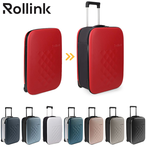 מזוודה אדומה Rollink עם גלגלים וידית משיכה, מוצגת בעיצוב מורחב ופרוסה