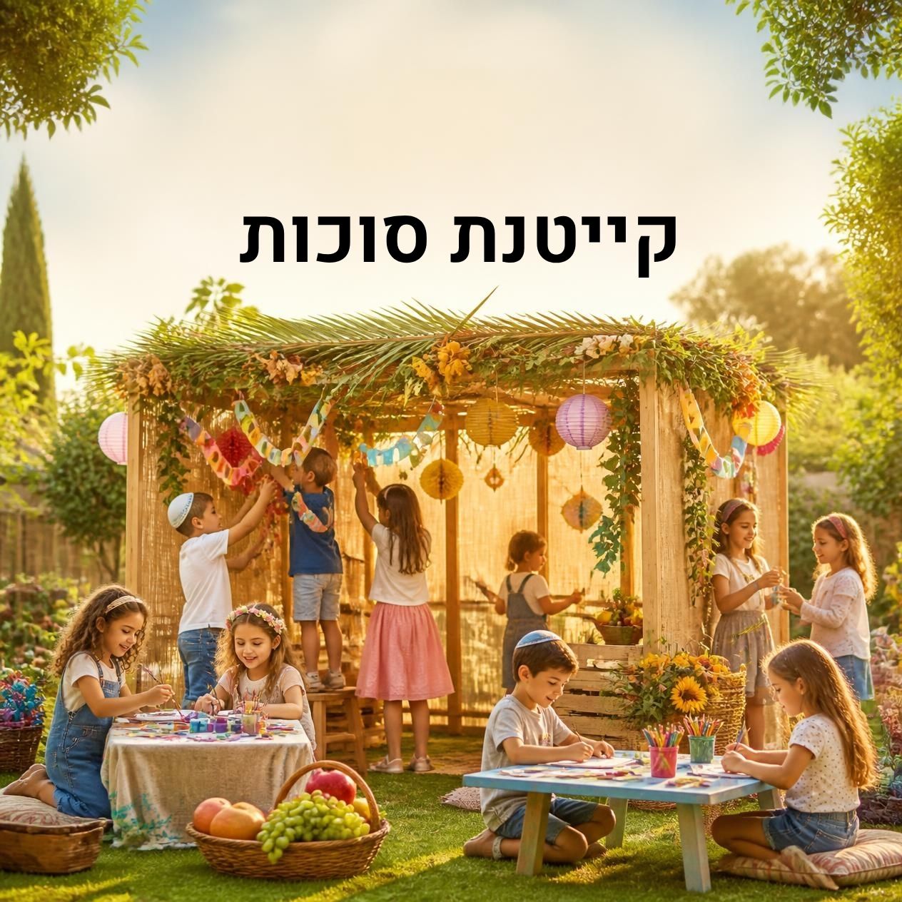 ילדים מקשטים סוכה צבעונית בקייטנת סוכות – תמי בנימין